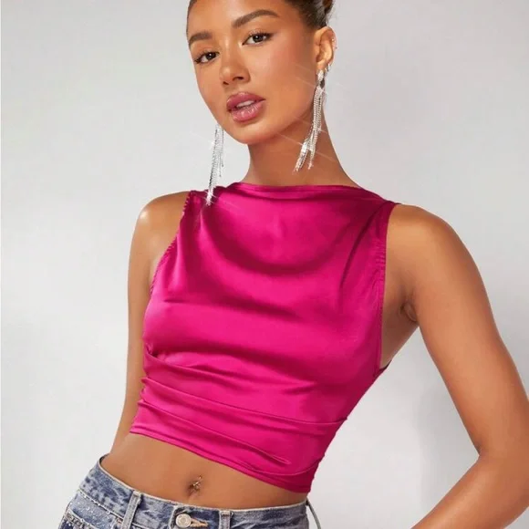 Solid Ruched Crop Satin Blouse - Picture 1 of 6